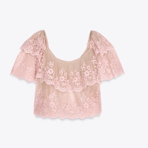 Zara Pink Lace Off-Shoulder Embroidered Crop Top - Picture 4 of 13